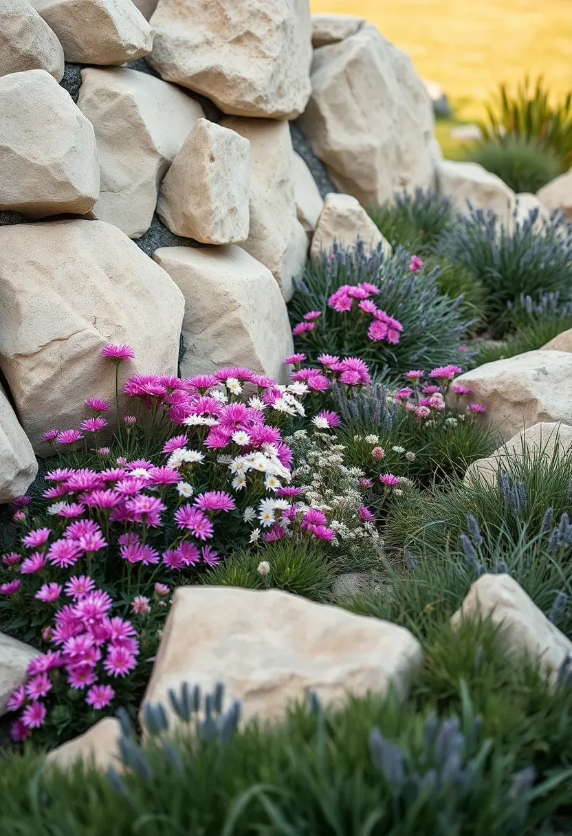Sloped garden with alpine meadow planting, pink and white dianthus, blue festuca grass, and irregular limestone rocks creating a naturalistic hillside scene