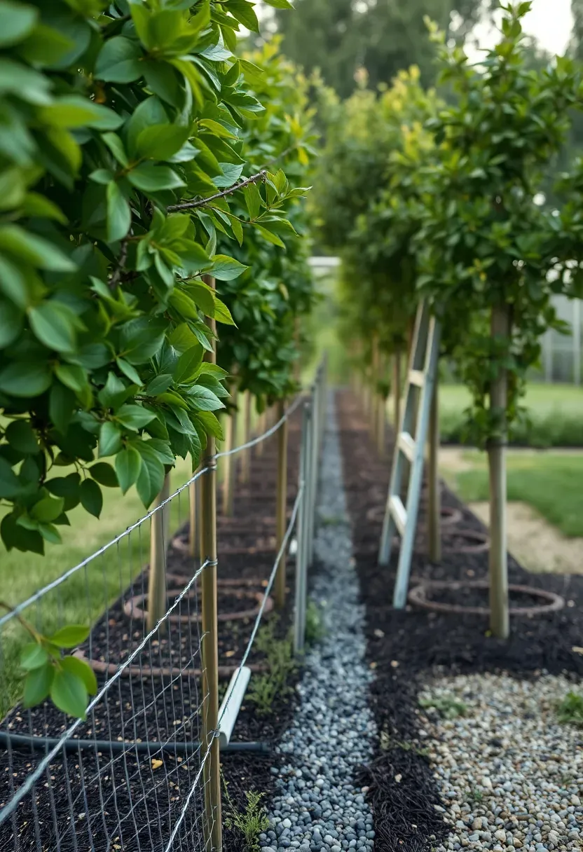 Espaliered fruit trees along a sunny fence