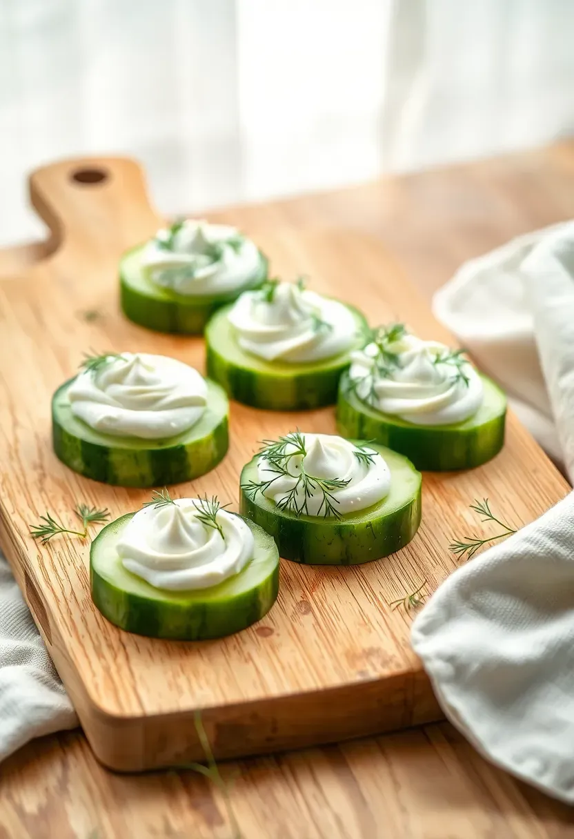 fresh cucumber rounds topped with herbed cream cheese and dill garnish on a wooden board for a baby shower snack table