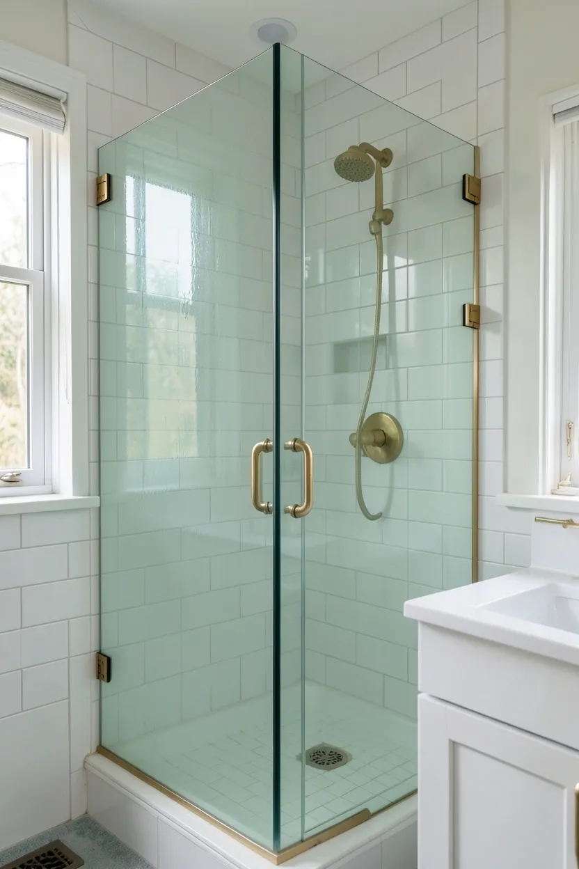 Sage green tinted glass shower enclosure in a modern bathroom with white subway tiles and brass fixtures — calming green bathroom design