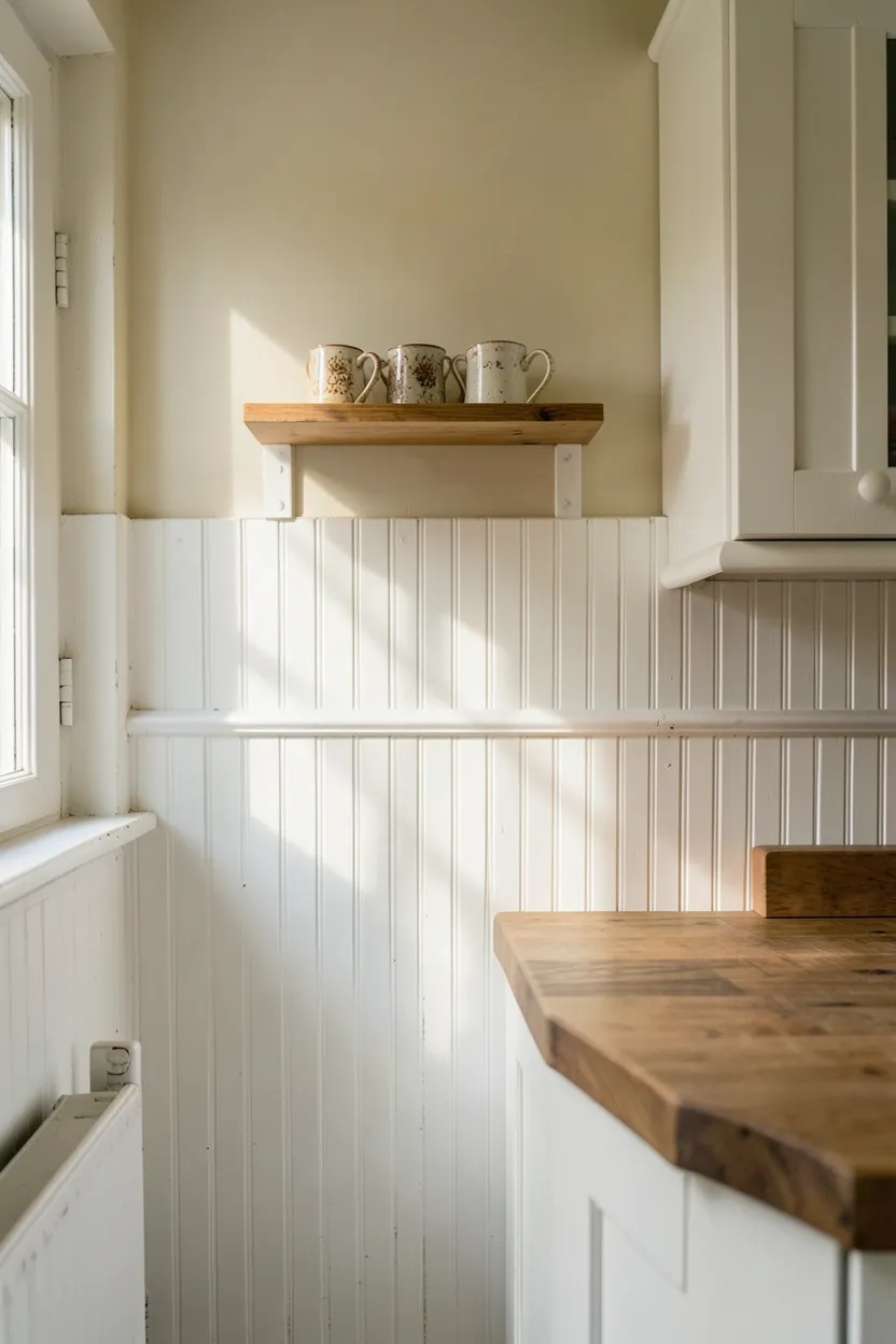 Hyper-realistic eye-level photograph of beadboard paneling on kitchen walls. White painted beadboard covering lower half of walls with visible vertical bead texture and slight shadow between boards. Creamy white wall above chair rail separating beadboard from upper wall. White shaker cabinets blending with beadboard, butcher block counter. Warm natural light from windows casting shadows that highlight beadboard texture. Small open shelf mounted on beadboard holding vintage mugs. Materials: painted beadboard, painted wood, walnut. Classic cottage architectural mood. Visible kitchen context - all lower wall showing beadboard, chair rail, upper wall. Slight paint wear on beadboard edges showing age and use. No text, no logos, no watermarks.</p>