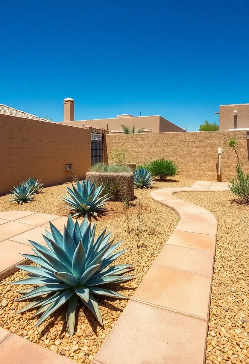 Desert landscape backyard with sand-colored pavers and drought-tolerant plantings under bright sun