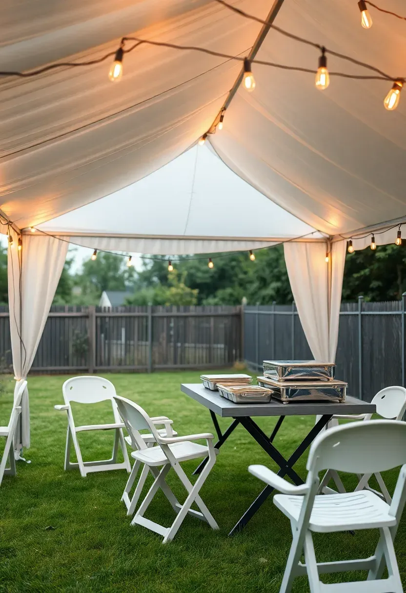 A white pop-up canopy gazebo set up on a grass lawn for an outdoor party with string lights, folding chairs, and a buffet table underneath