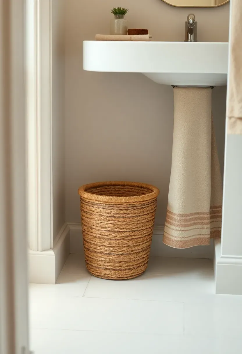 concealed bathroom trash can in woven seagrass basket beside vanity