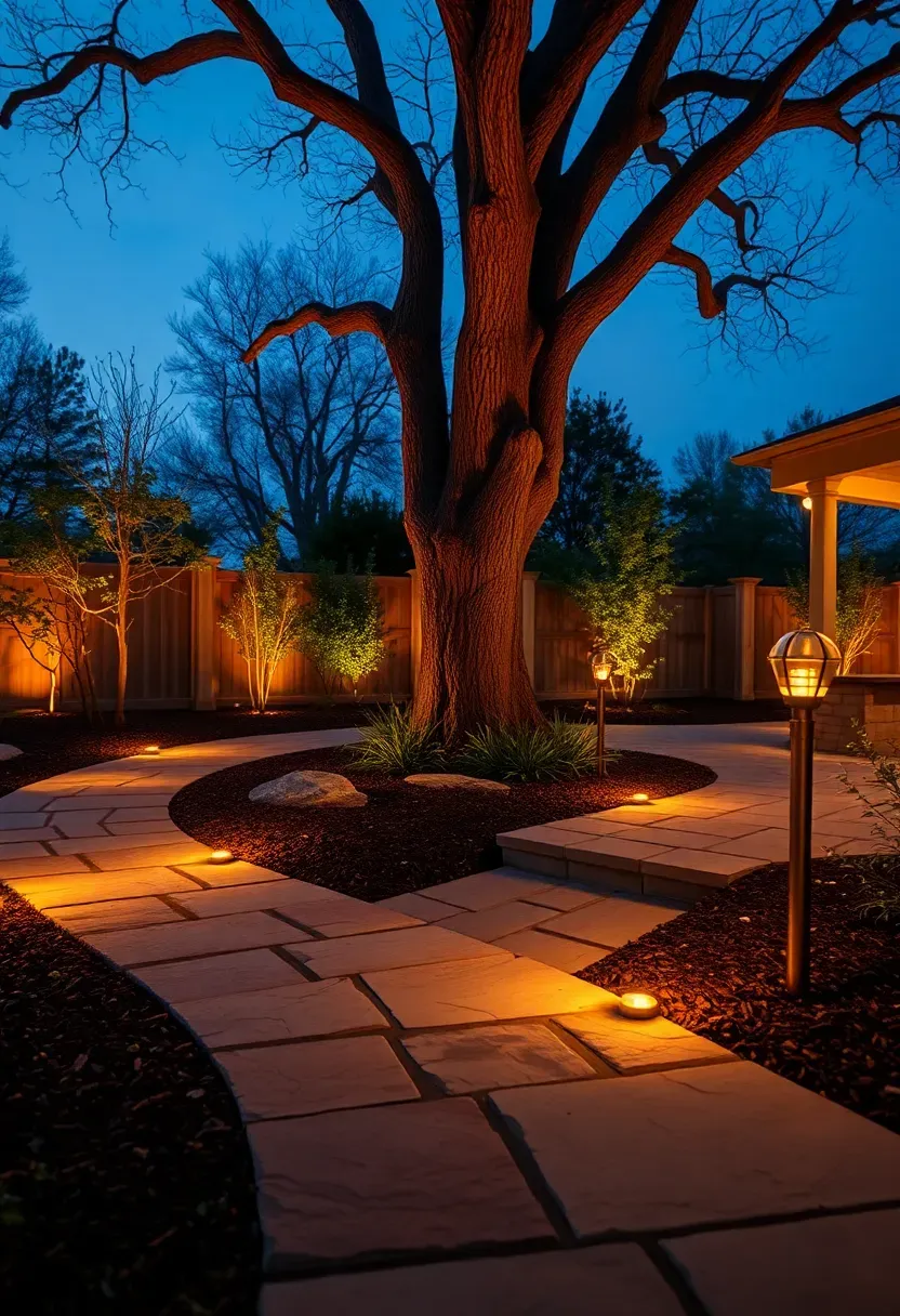 Backyard pathway and patio illuminated by warm low-voltage landscape lights at twilight