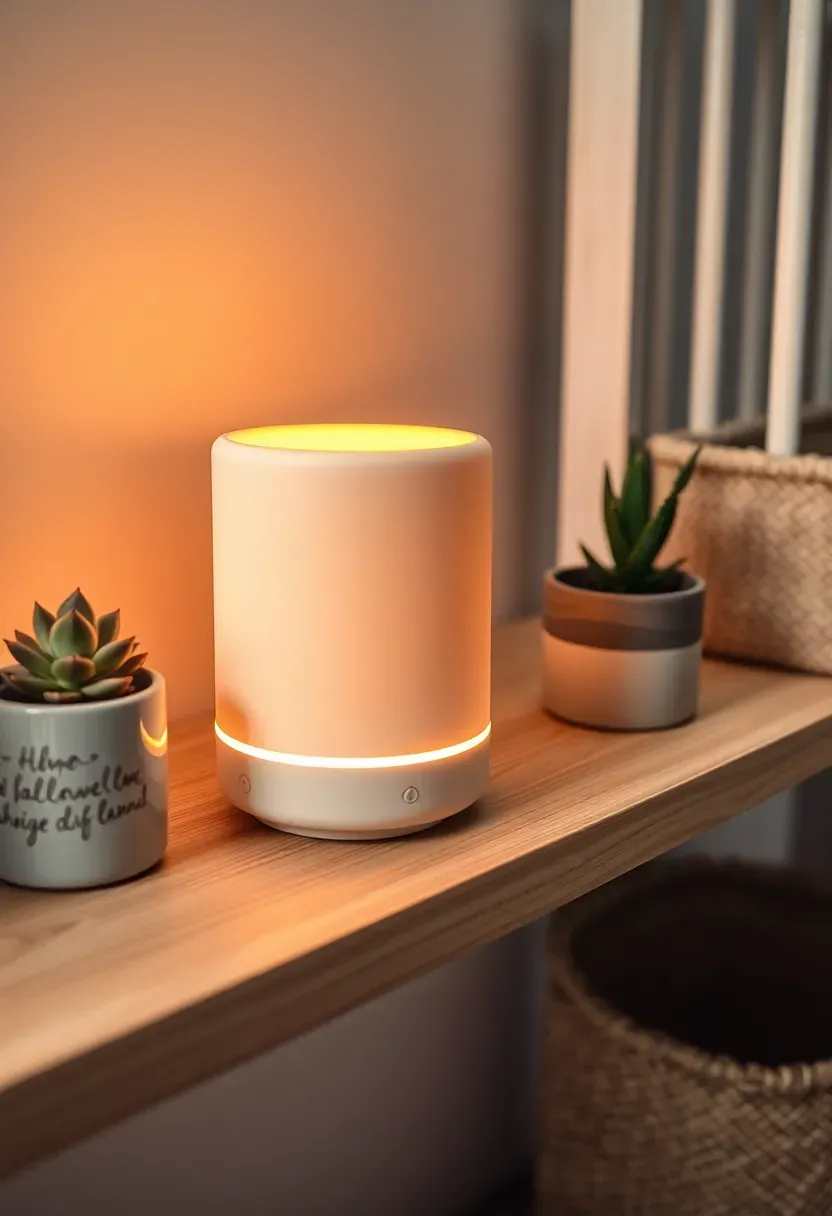 modern sound machine with warm night light glowing softly on a nursery shelf