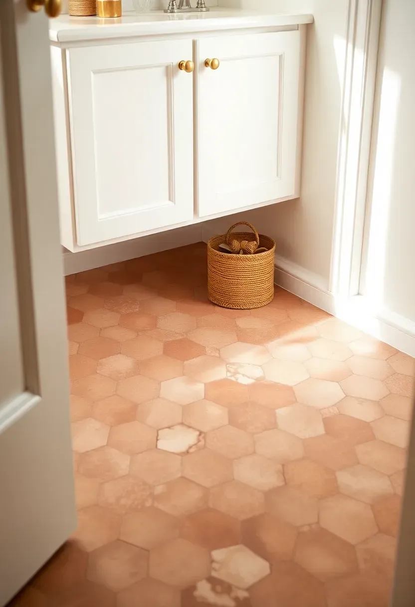 Warm pink terracotta hexagon tile bathroom floor with white wall paneling and brass fixtures