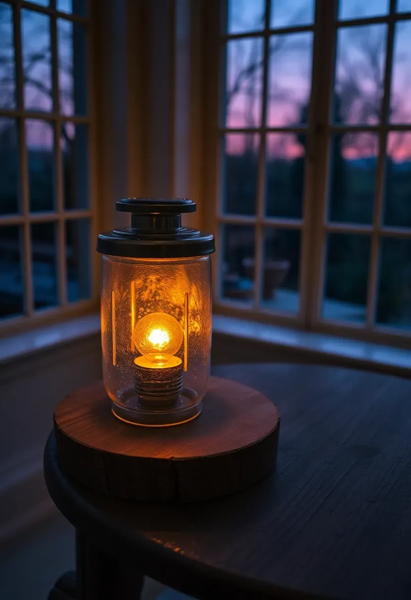 Two small solar-powered glass lanterns with warm amber LED glow placed on a weathered wooden side table in a sunroom at dusk with garden visible through windows