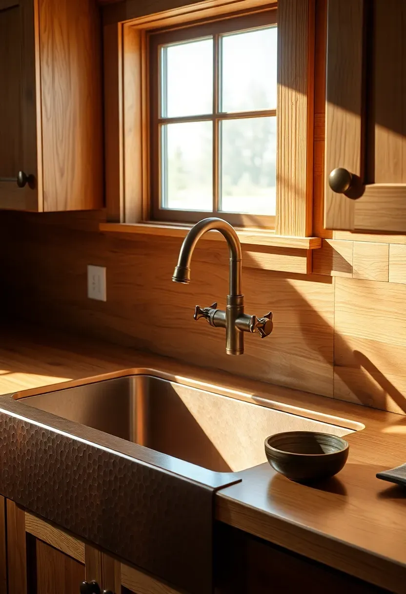Craftsman kitchen with hammered copper sink, brass faucet, and warm oak cabinetry
