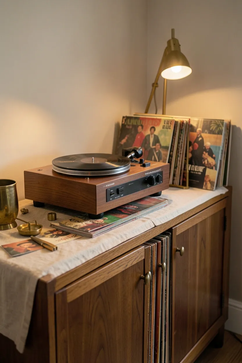 Vintage turntable on a walnut sideboard with organized vinyl record storage as decor in a rental living room
