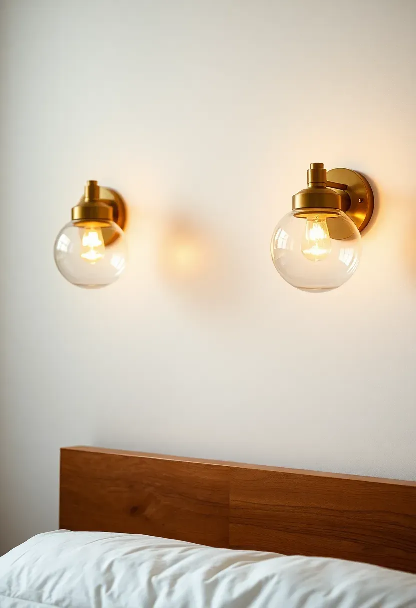 Hyper-realistic 3/4 view of brass wall sconces with glass globe shades on either side of bed. Materials: matte brass arm, clear glass shade, white wall, wooden headboard. Warm ambient light, metallic accent glow, modern organic mood. Sharp focus on brass finish and glass quality, visible bedroom. No text, no logos, no watermarks.</p>