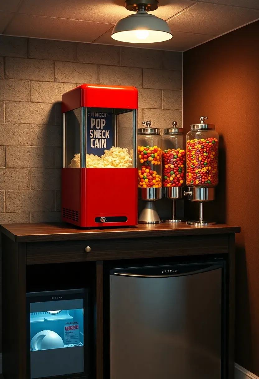 movie theater style snack station in a basement with popcorn machine candy dispensers and mini fridge