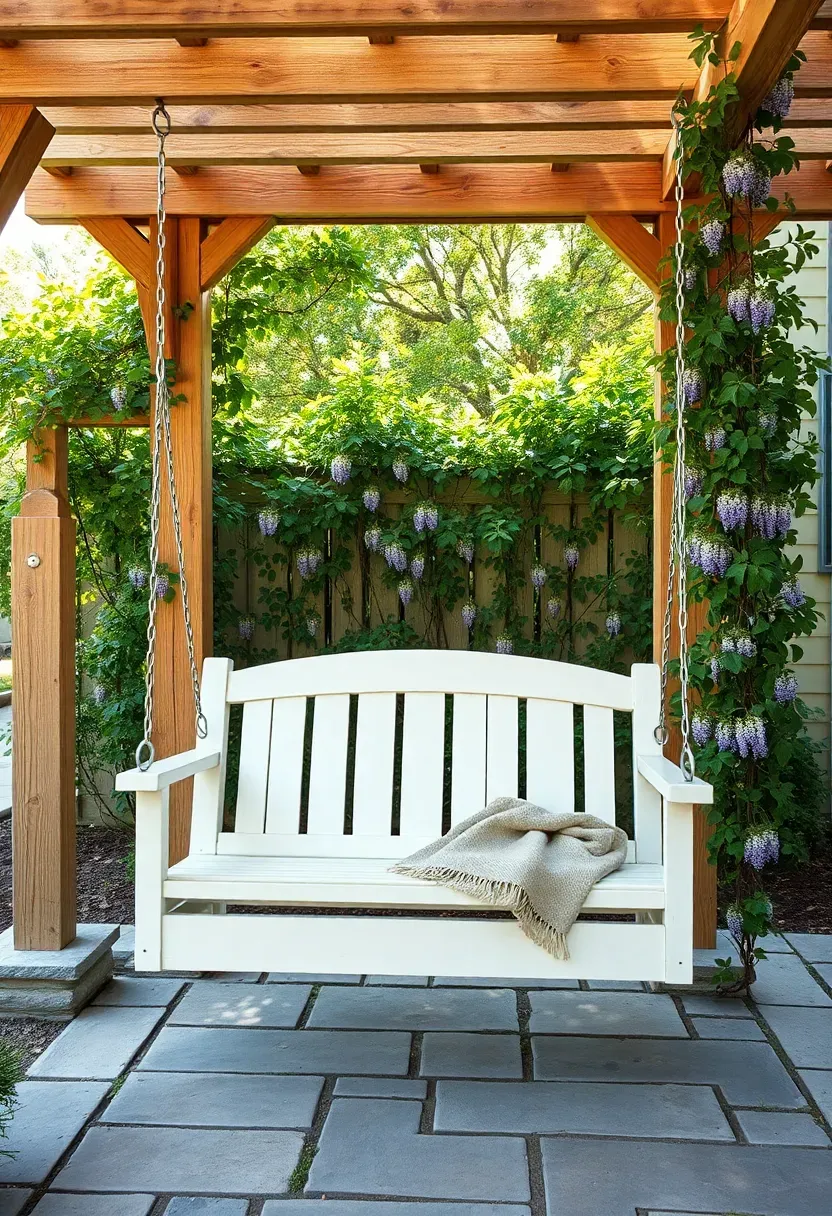 White-painted wooden porch swing bench hanging from a cedar pergola over a stone patio with green climbing vines on the posts