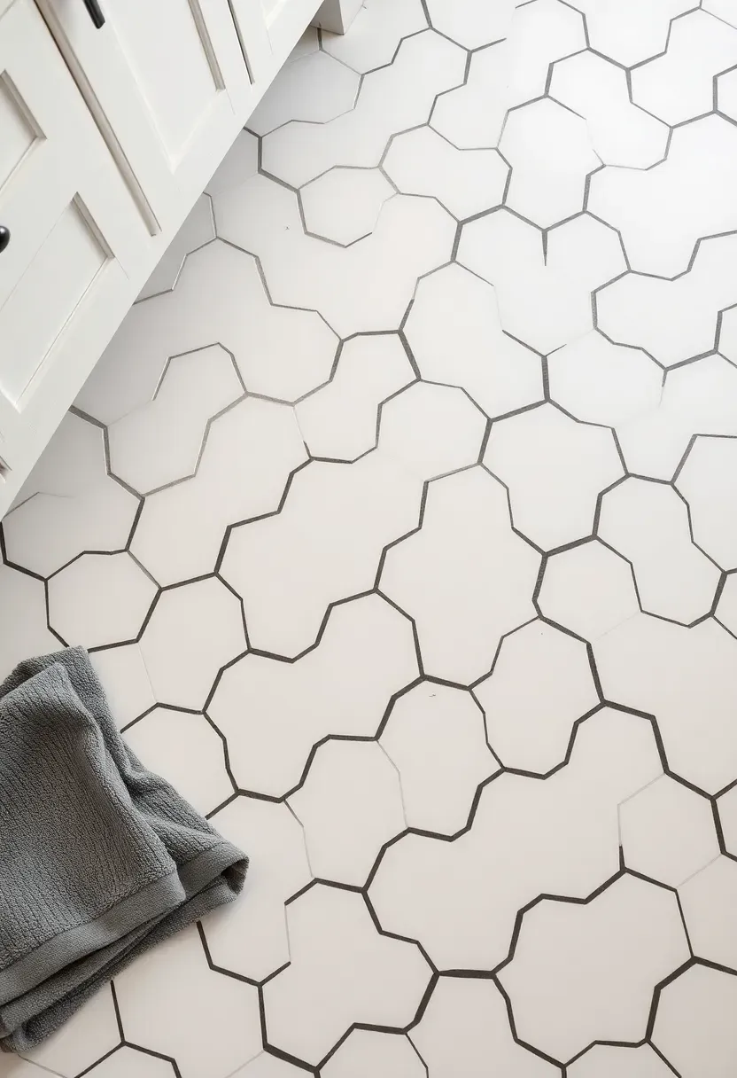 White hexagonal bathroom floor tile with contrasting dark charcoal grout lines creating a bold honeycomb pattern