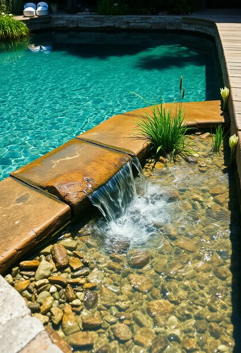 Natural swimming pond with a biological waterfall filter zone, aquatic plants, and clear water flowing over a stone weir into the swimming area