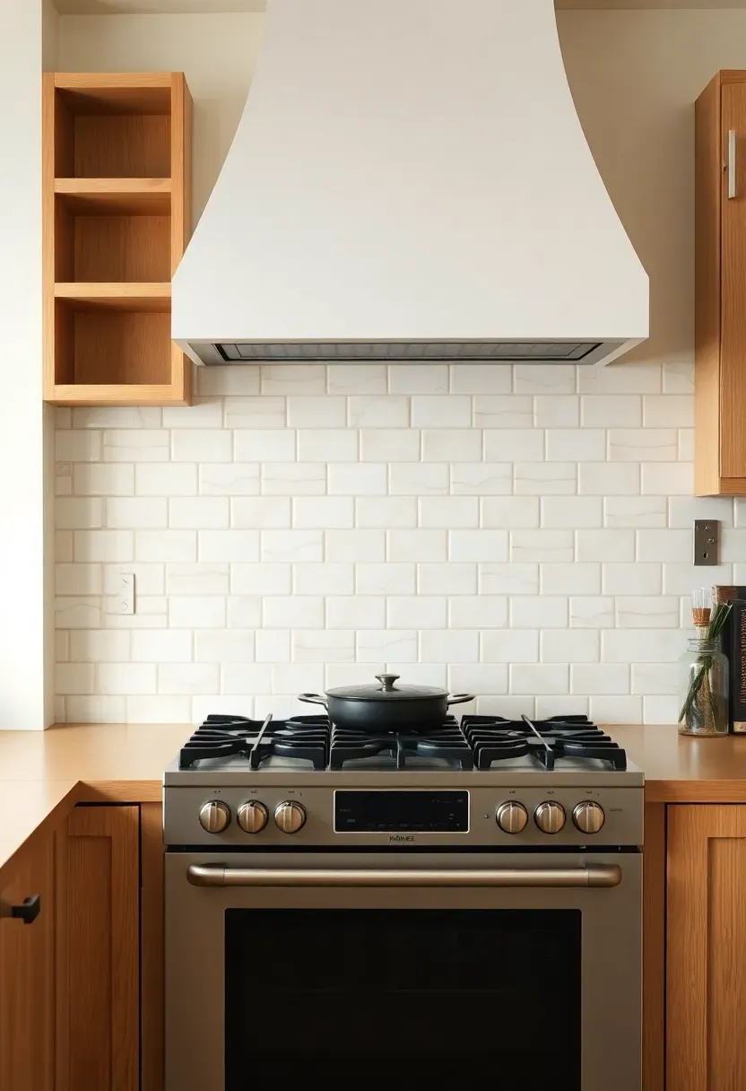 handmade ceramic tile in creamy off-white behind stove with warm wood open shelving and matte black hardware