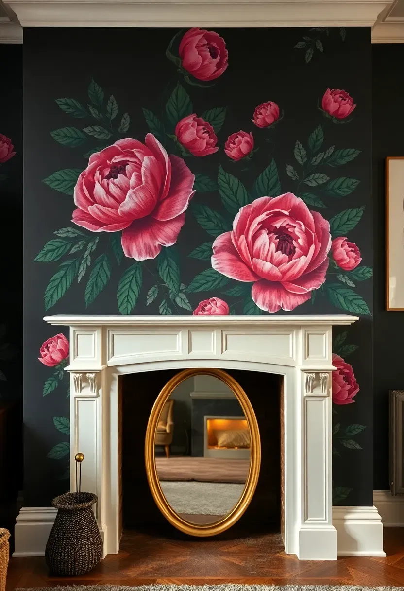 Bold floral peel-and-stick wallpaper panel above fireplace creating a dramatic renter-friendly accent in an eclectic living room