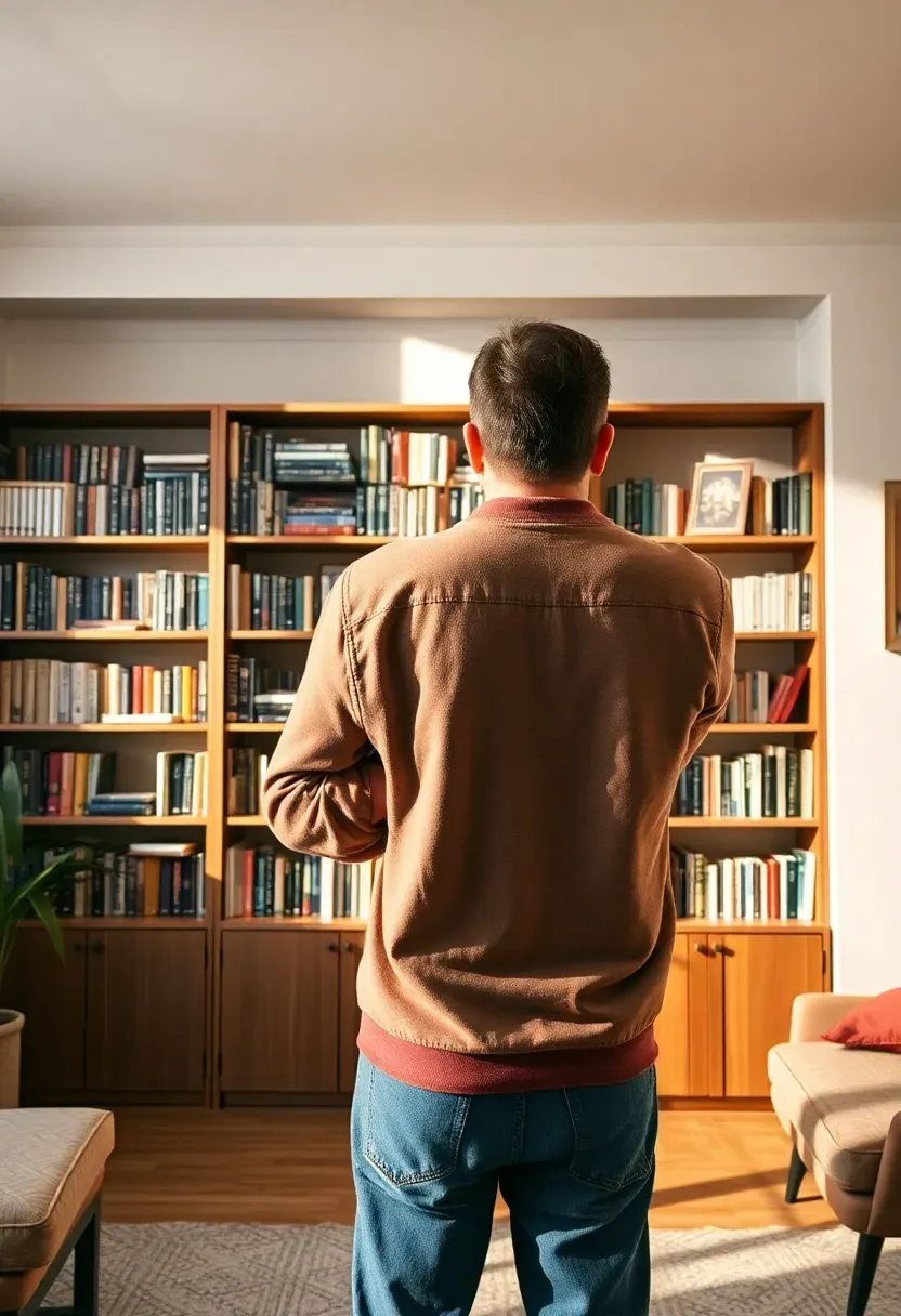 Person standing back from fully arranged living room bookshelves — arms crossed, head slightly tilted, reviewing the full display from three meters away, warm afternoon light in room