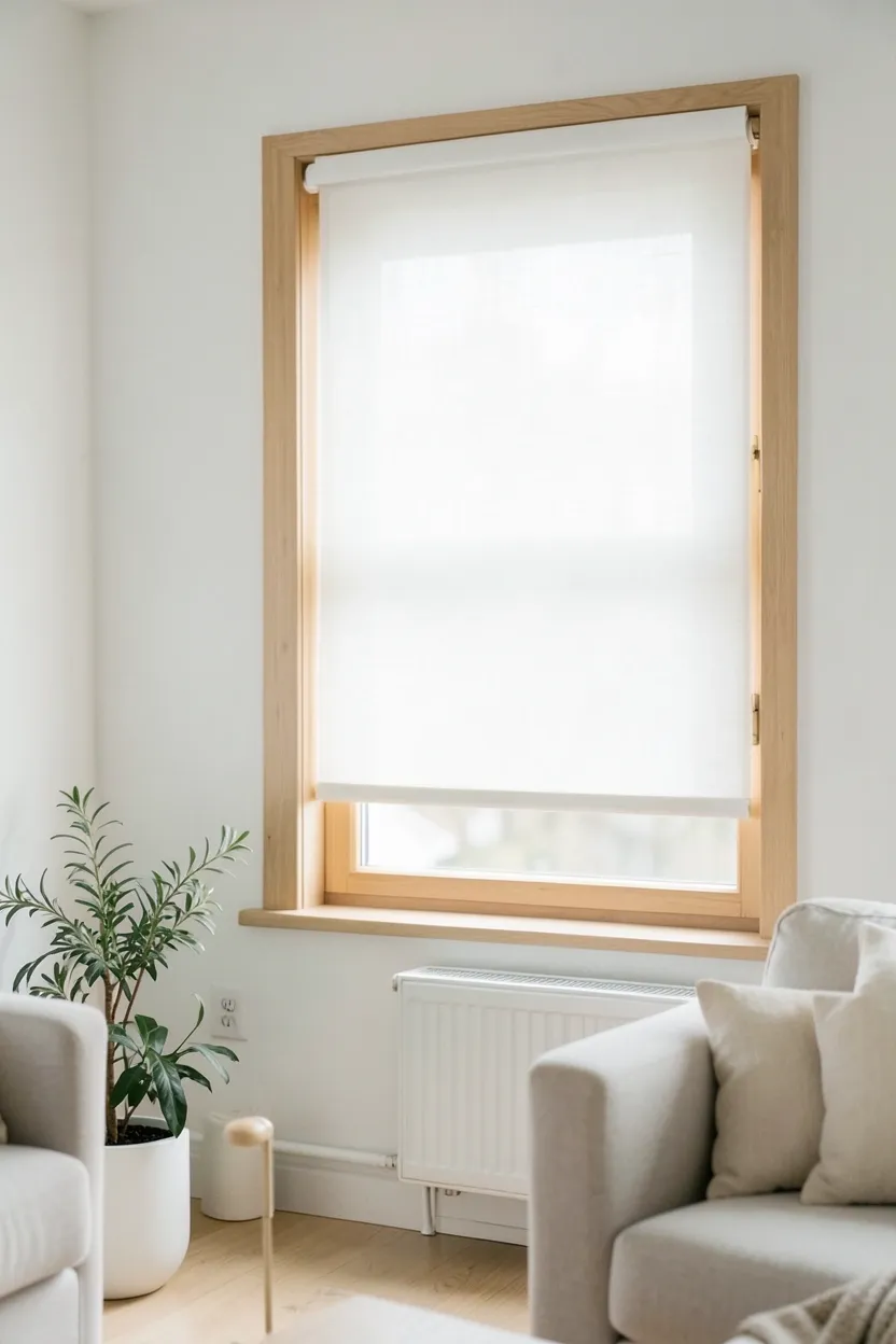 Sheer linen curtains on a sunlit window in a Scandinavian apartment living room with minimal window treatment