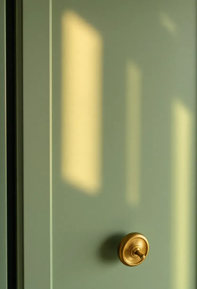 Kitchen cabinet door close-up with subtle curved arch detail at top, painted in warm sage green with an aged brass knob, soft morning light across the surface
