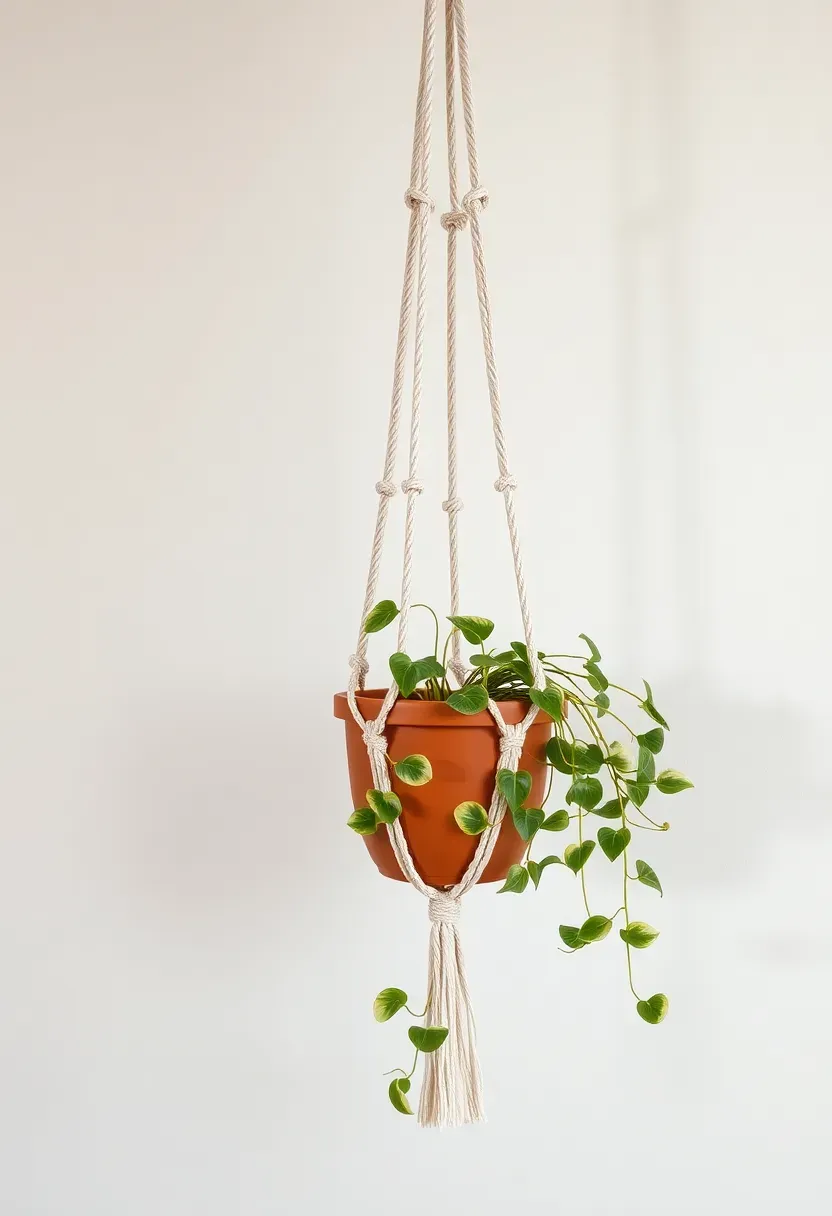 macrame plant hanger in natural cotton cord holding a terracotta pot with a trailing pothos plant