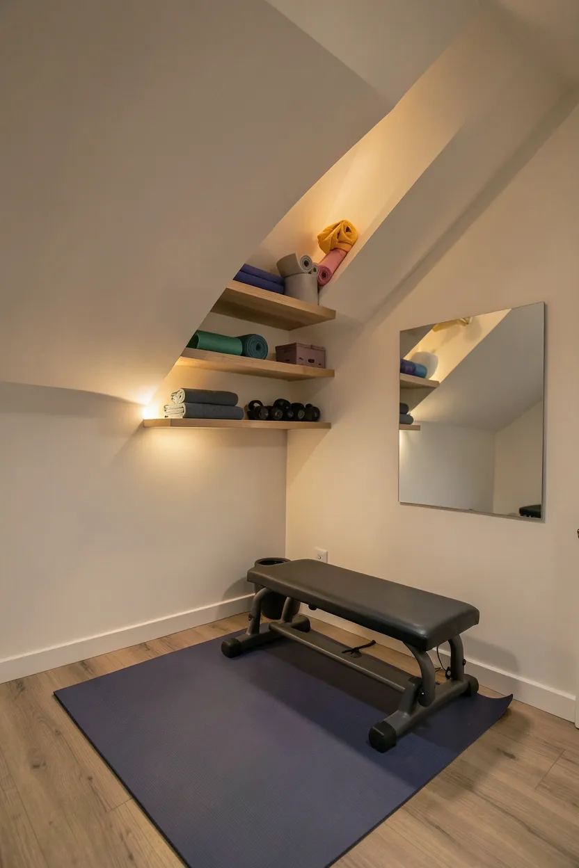 Compact yoga mat and resistance band storage tucked under white staircase in a minimalist home — cozy under-stair workout nook for small spaces