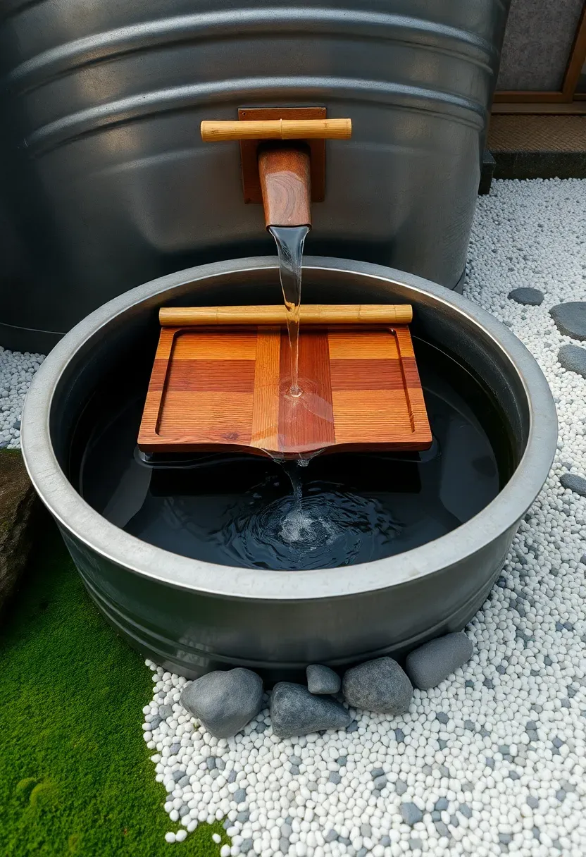 Deep narrow stock tank set up as a Japanese soaking tub with wooden bath tray, bamboo water spout, and river stones around the base on a zen garden patio