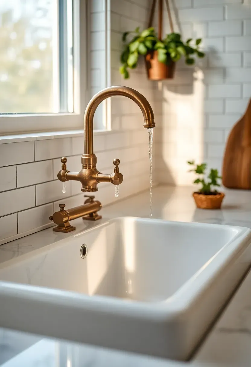 Hyper-realistic close detail view of white porcelain utility sink with vintage-style bridge faucet in unlacquered brass, white subway tile backsplash with gray grout, marble countertop, woven basket below, small potted herb, window above sink with light coming through. Materials: fireclay porcelain, solid brass, marble, ceramic tile, natural fiber. Warm daylight through window, sparkling water detail on faucet. Classic elegant mood, razor sharp focus on faucet details. No text, no logos, no watermarks.</p>