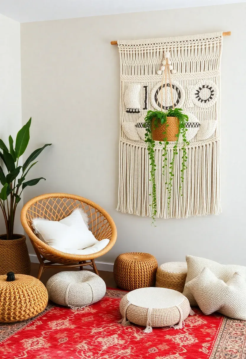 Bohemian nursery corner with macrame wall hanging and natural fiber textures