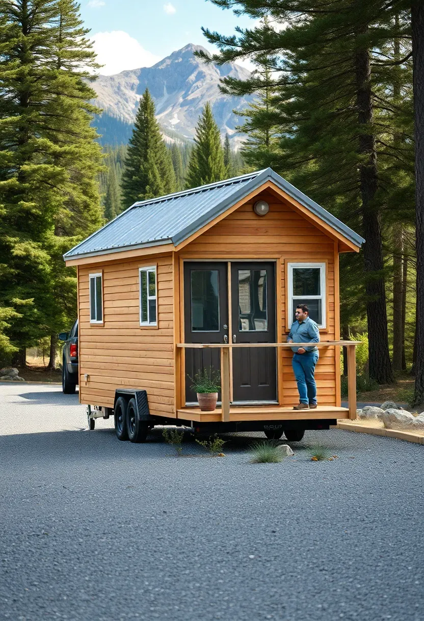 Hyper-realistic 3/4 view of tiny house being relocated to new scenic mountain location, visible moving truck and person directing placement, tiny house settled among trees with mountain backdrop. Materials: tiny house on trailer with wheels visible, natural wood siding, metal roof, front porch with portable railing, gravel driveway with native plants. Mountain scenic background with evergreen trees and rocky peaks, bright natural daylight showing new location clearly. Shallow depth of field focusing on tiny house placement, mountain landscape visible in background showing new location possibilities. Life transition and flexibility aesthetic. No text, no logos, no watermarks.</p>