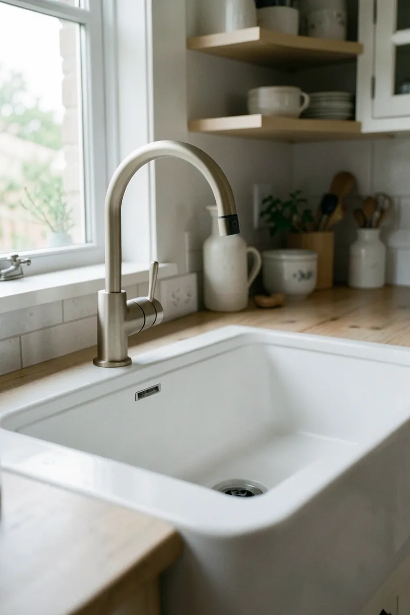 White fireclay farmhouse apron sink with brushed nickel pull-down faucet in a modern vintage kitchen
