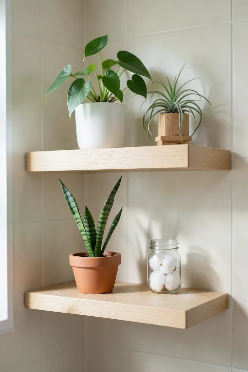Natural wood floating shelves with small pothos and fern plants in a cozy rental bathroom