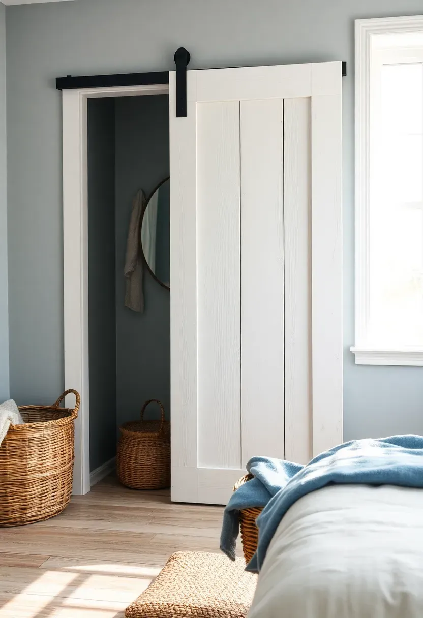 Whitewashed plank barn door with visible wood grain on a matte black track covering a closet in a coastal bedroom