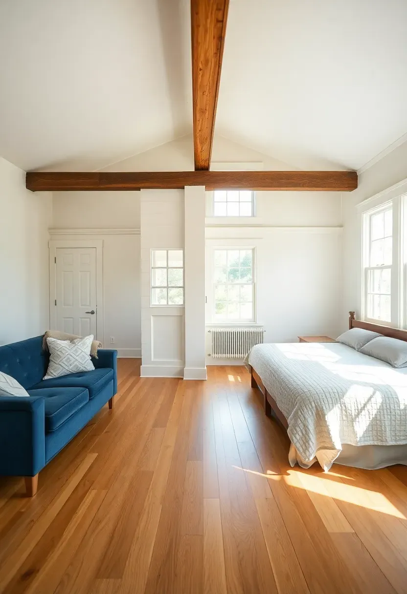 Hyper-realistic wide shot of tiny colonial open floor plan showing subtle room division through architectural elements. Living area left with navy sofa, sleeping area right with colonial-style bed, separation created by partial wall with colonnade opening and exposed ceiling beam running perpendicular. Materials: wide-plank floors throughout, cream walls, white colonial trim, multi-pane windows. Bright natural light from windows, open sight lines across both spaces. Shallow depth of field showing sofa texture and bed linens. Authentic colonial mood like adaptive historic reuse.</p>