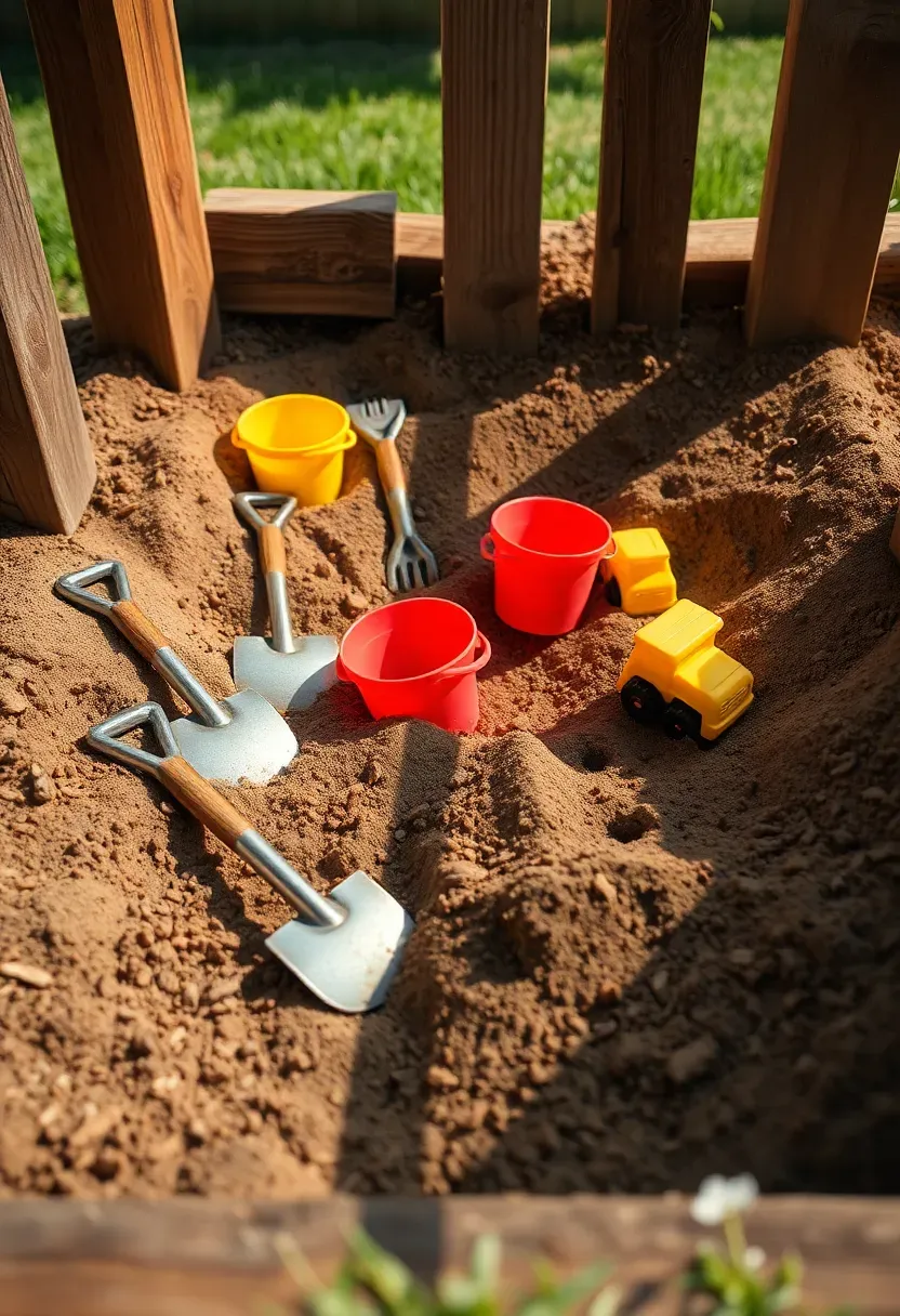 A backyard digging pit for kids filled with loose soil and sand, with child-sized shovels, buckets, and toy dump trucks, bordered by landscape timbers