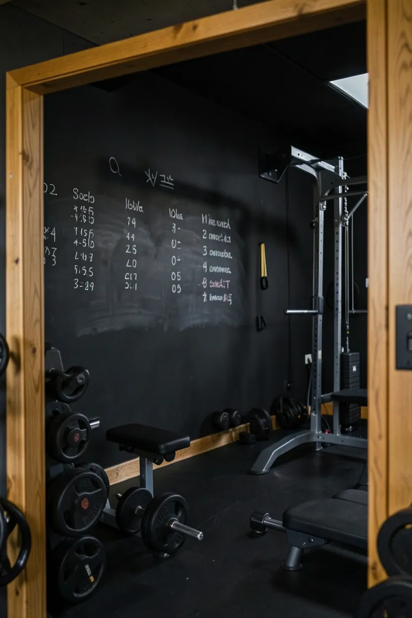 Gym space with chalkboard black wall framed by warm oak timber for tracking workouts, functional dark home gym design