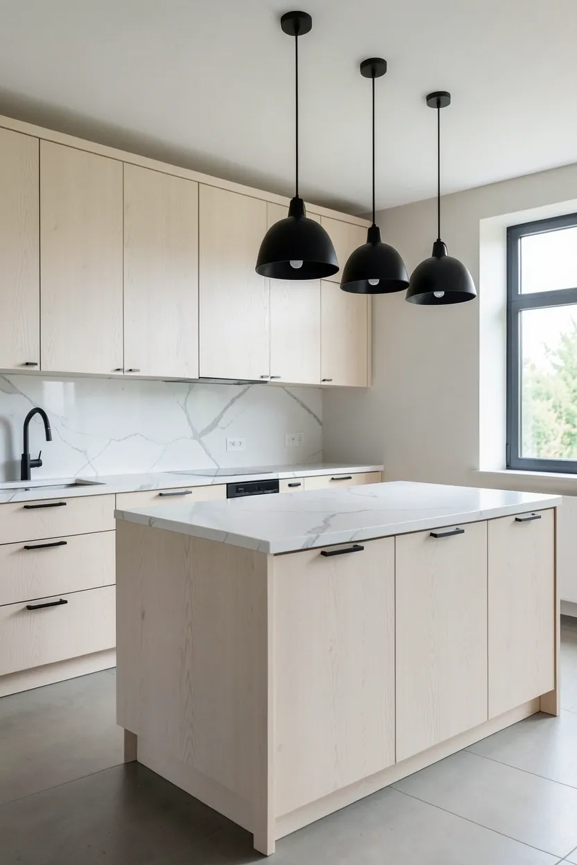 Hyper-realistic wide shot of a modern kitchen with white oak cabinets and matte black hardware. White oak flat-panel cabinets throughout with visible natural grain. Matte black bar pulls, knobs, and handles on all cabinet doors and drawers create sharp contrast. Matte black faucet at sink. Three modern pendant lights with black matte finishes hang over island. White marble countertop. Neutral walls. Large windows with natural light. Clean minimalist surfaces emphasizing black hardware contrast. No text, no logos, no watermarks.</p>