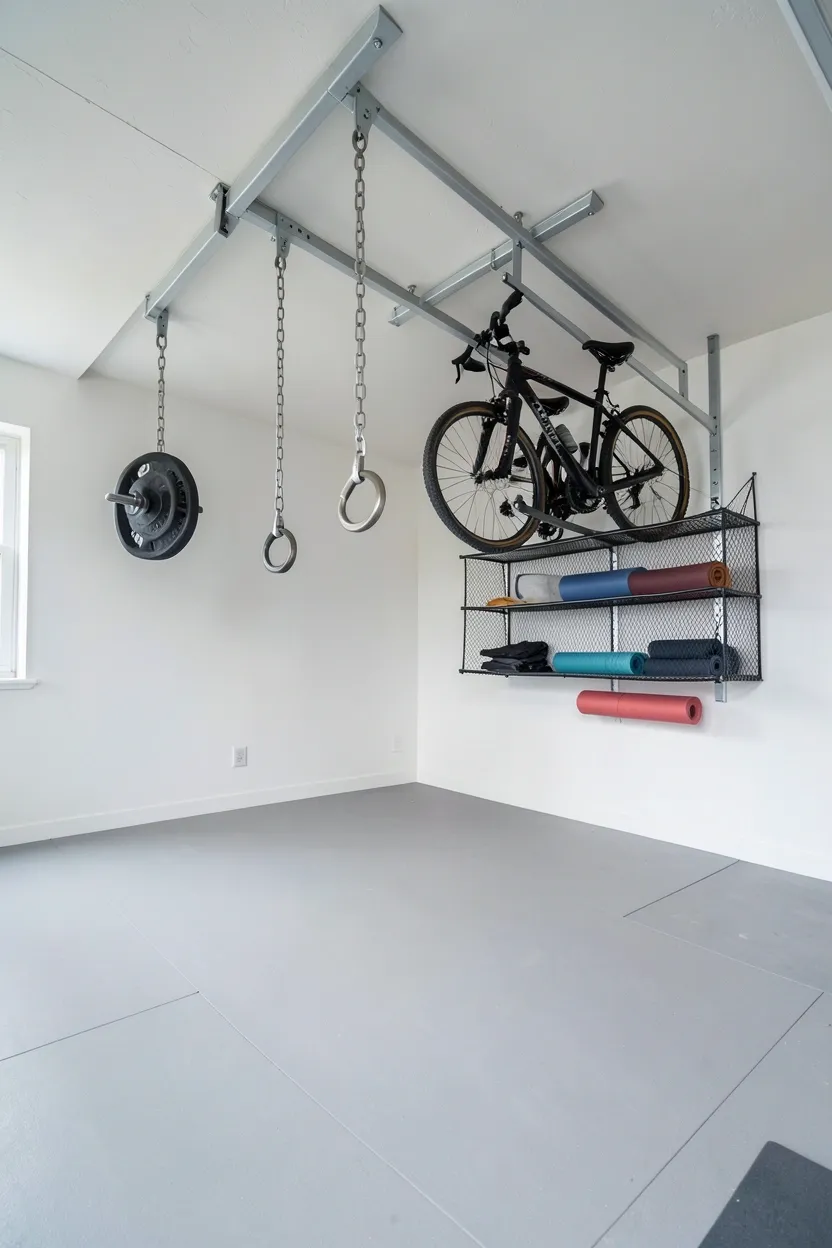 Ceiling-mounted bike rack and pulley storage system in a compact home gym — overhead equipment storage to keep floors completely clear for workouts