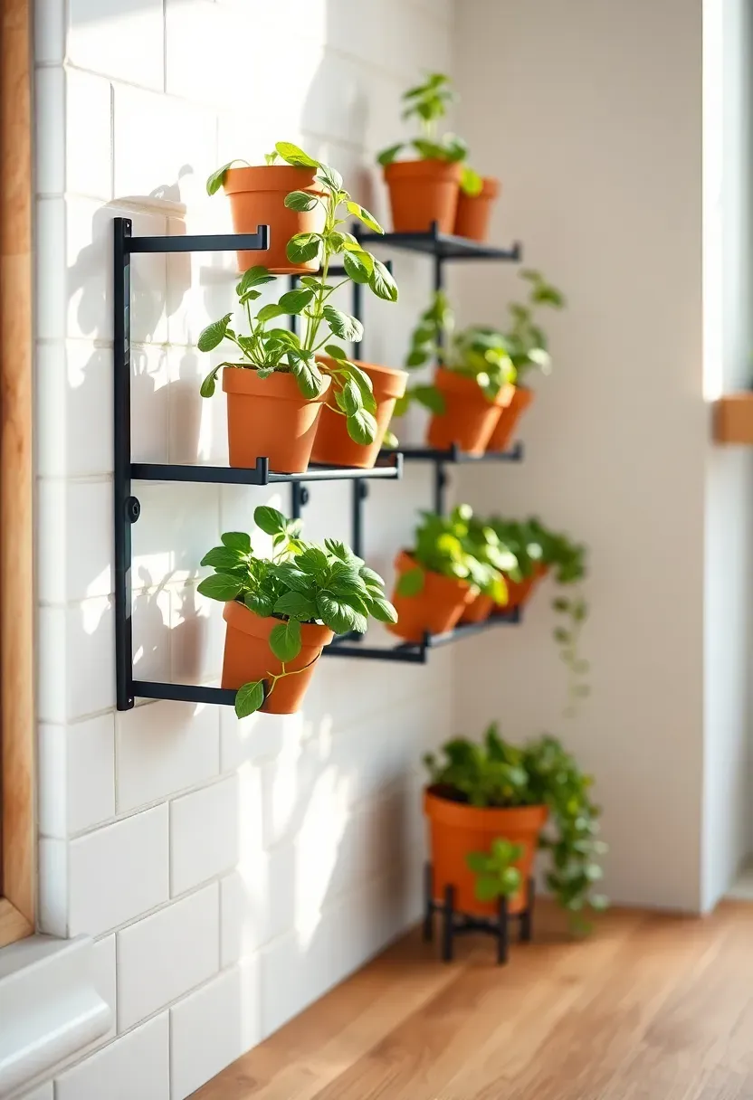 Indoor vertical herb garden wall in a sunlit kitchen with fresh basil and rosemary