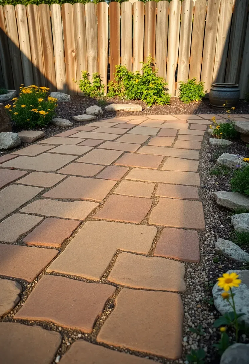 Dry-laid flagstone patio with irregular natural stone pieces fitted together on a sand base in a rustic backyard with wildflowers
