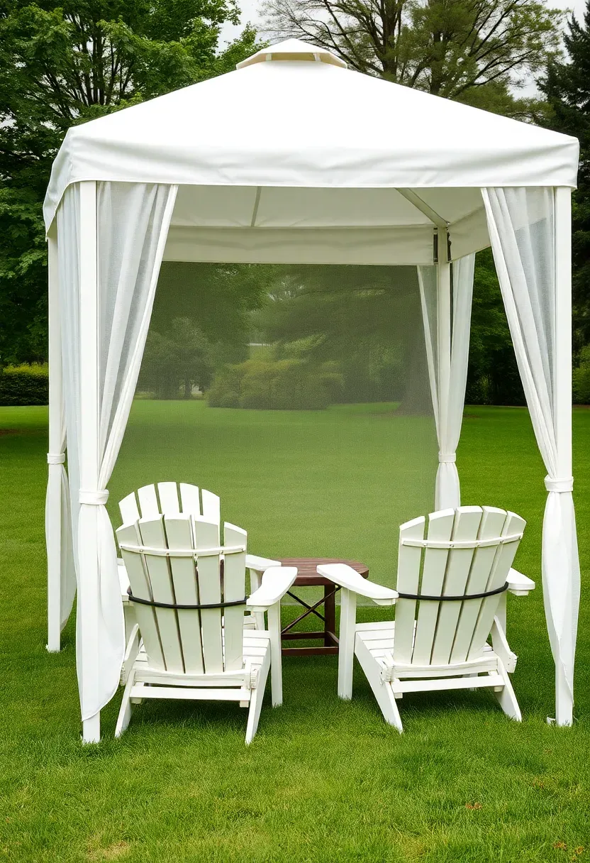 freestanding white pop-up gazebo on a lawn with chairs underneath