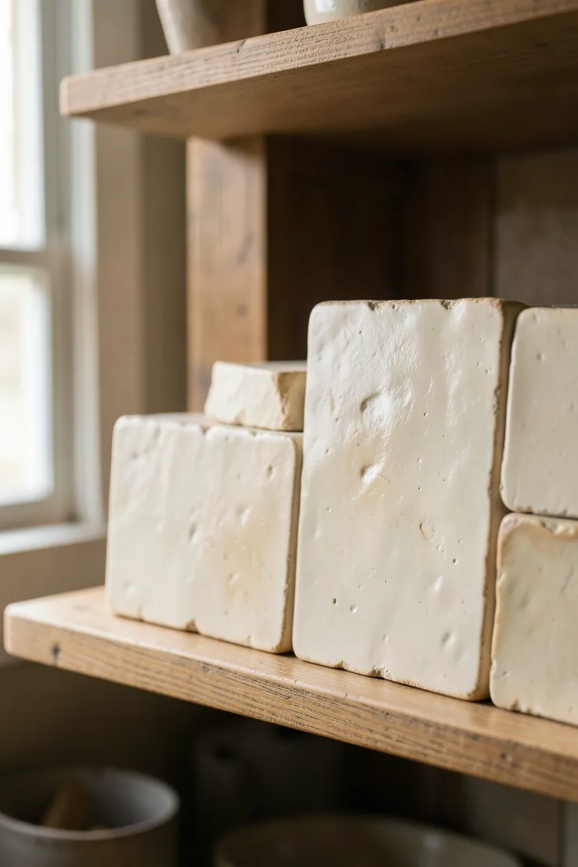 Artisan handmade ceramic backsplash tiles with subtle color variation and organic imperfections adding warmth to a modern kitchen