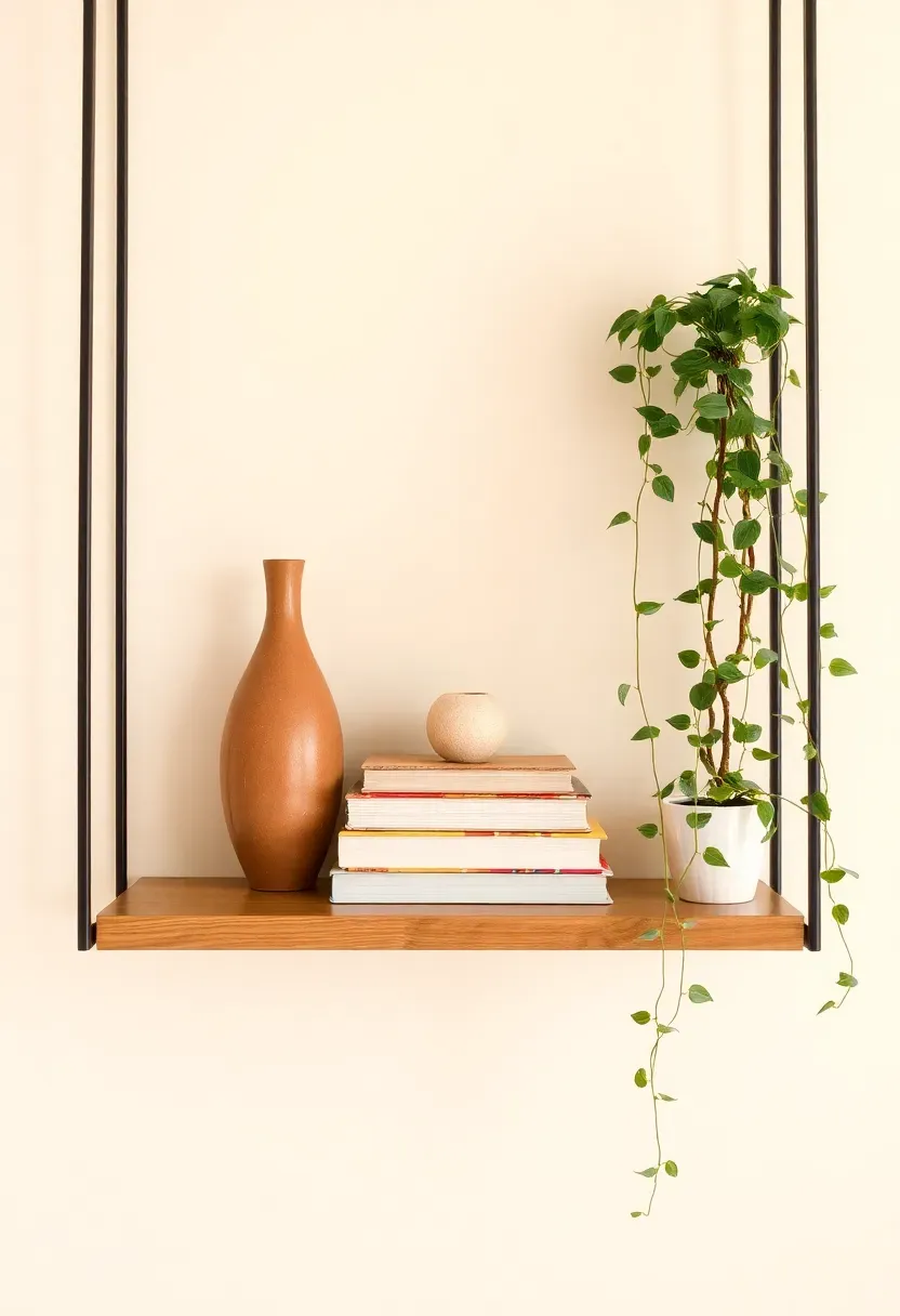 Floating shelf styled with three objects grouped together — a ceramic vase, a small book stack, and a trailing plant — demonstrating the triad grouping method, warm light on cream wall