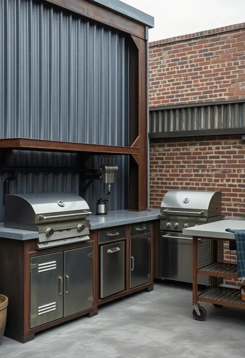 Hyper-realistic 3/4 view of an industrial outdoor kitchen with corrugated metal siding backdrop, raw steel framing supporting concrete countertop, built-in gas grill with exposed industrial piping, vintage metal locker storage below, and factory cart side table. Materials: corrugated metal, raw steel, concrete countertops, stainless steel appliances. Moody overcast light with high contrast on metal textures, cool gray and metallic tones. Raw industrial mood, shallow depth of field with sharp focus on steel welding details and concrete texture, brick wall visible beyond. No text, no logos, no watermarks.</p>