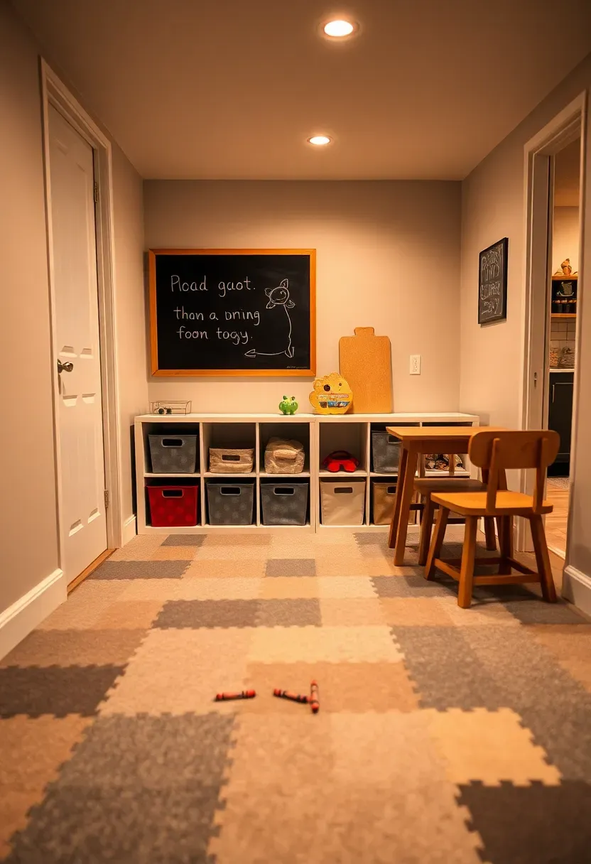 colorful kid play zone corner in a basement with foam mat flooring and low toy shelves