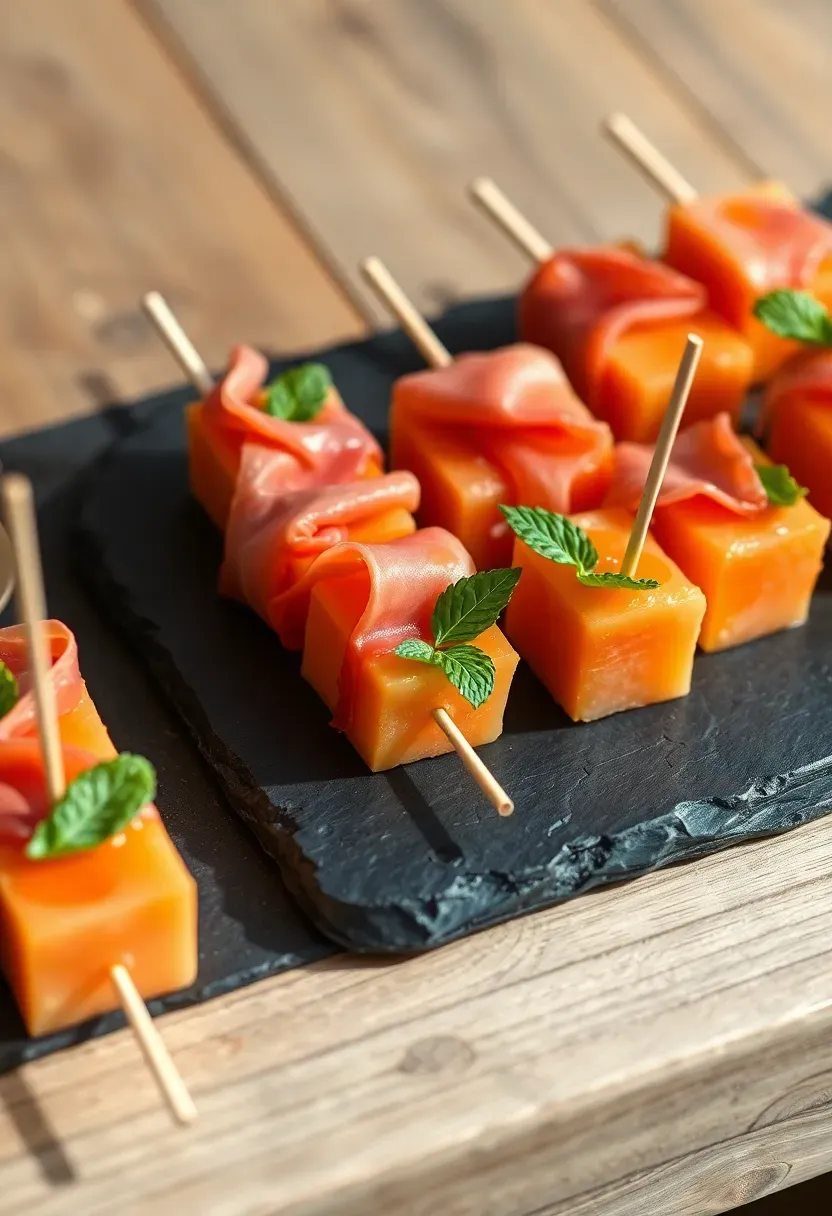 prosciutto-wrapped cantaloupe melon pieces on wooden skewers with fresh mint on a slate serving board