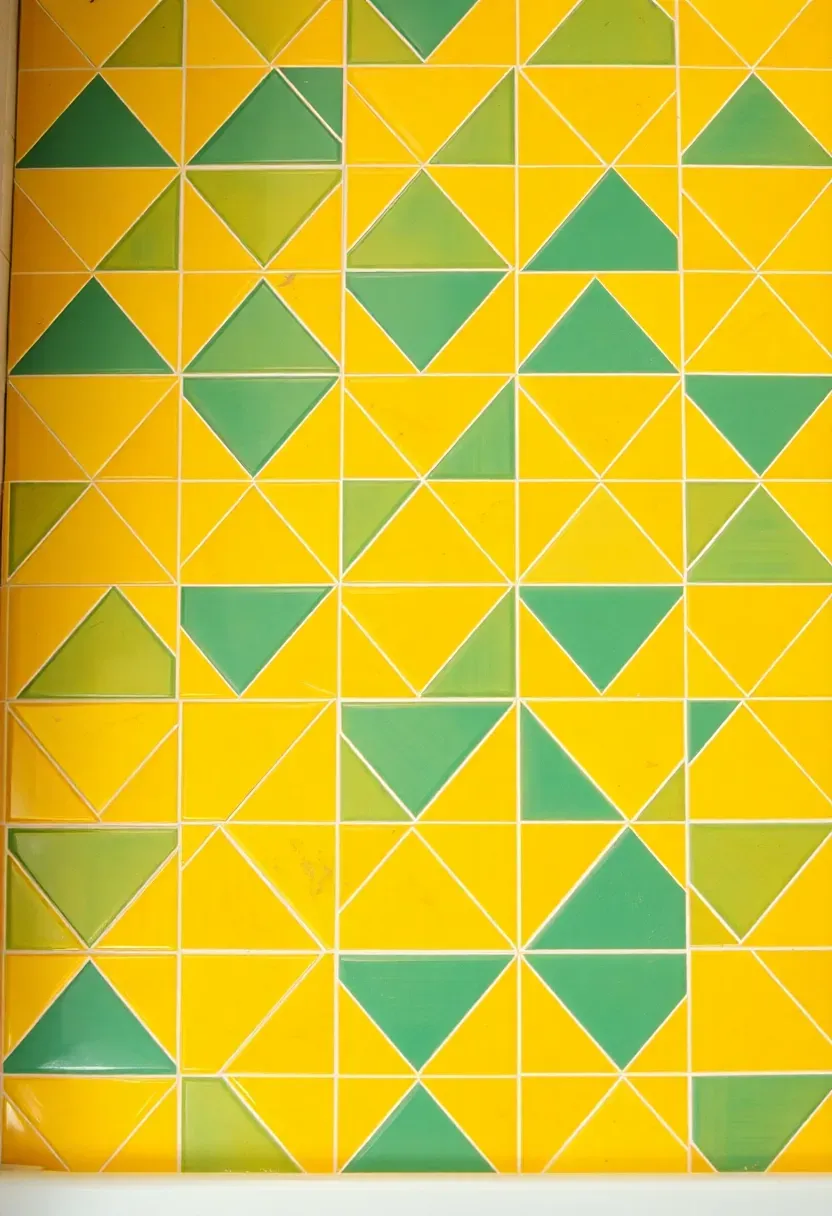 Bathroom with colorful geometric pattern floor tiles in yellow and teal
