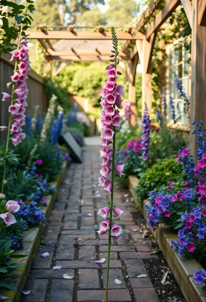 Charming English cottage garden backyard with overflowing flower borders of hollyhocks, foxgloves, delphiniums, and roses along a brick path