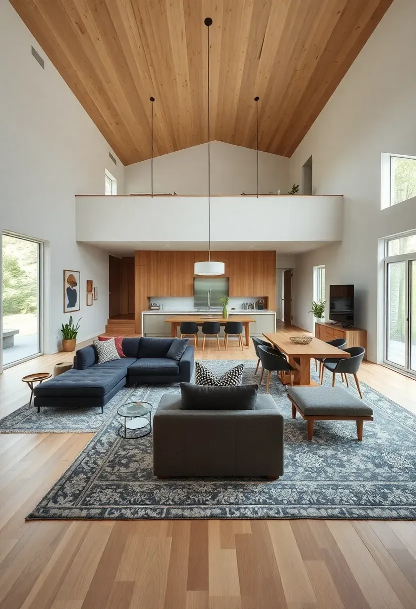 Hyper-realistic wide view of open-concept living-dining space. Materials: continuous white oak flooring throughout, charcoal living room sofa zone separated from dining table by 8-foot clearance, large rug defining living area, pendant light over dining table. Consistent materials creating flow while furniture arrangements create zones.</p>