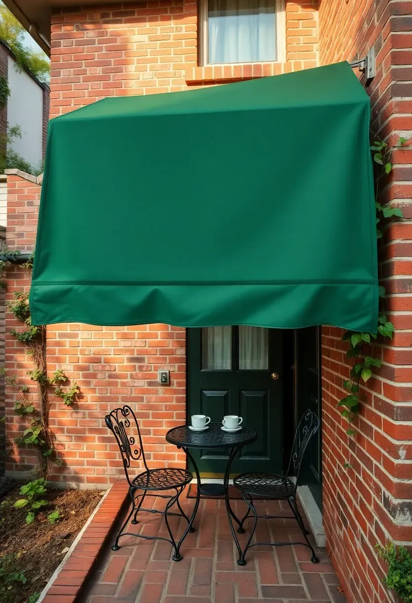 Canvas drop-arm awning in deep green extended from a brick house wall, shading a small backyard bistro table with wrought iron chairs
